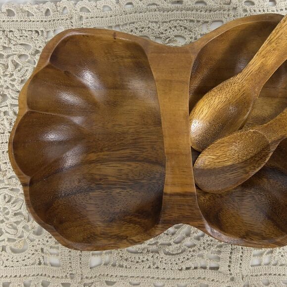 Monkey Pod Wood Basket‎ Bowl With Serving Spoons Hand Carved Scalloped Seashell - Picture 12 of 13